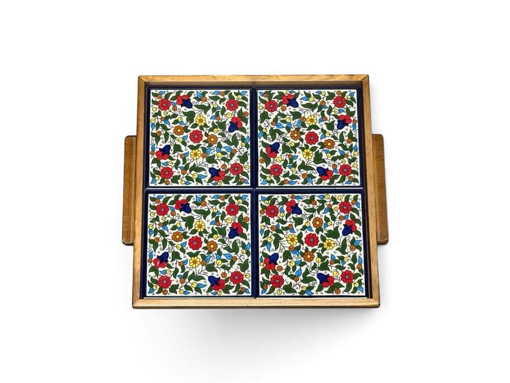 Hand-painted Ceramic Tiled Tray With Wooden Surround Made in Bethlehem - ,